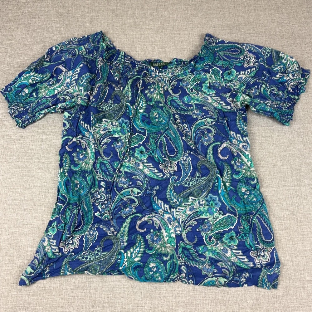 Lauren Ralph Lauren Blouse Womens M Blue‎ Off The Shoulder Ruffle Paisley